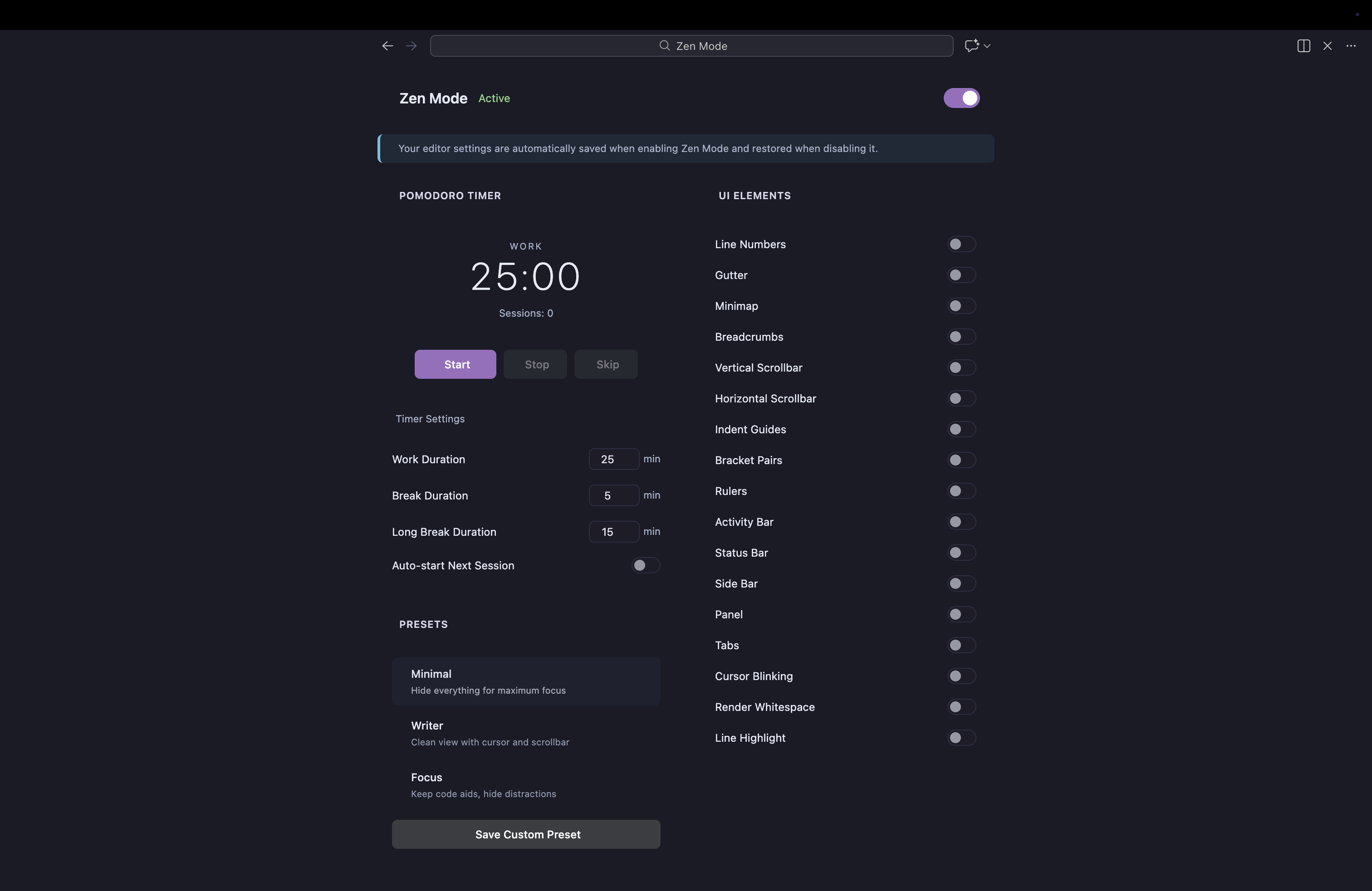 Zen Mode Panel